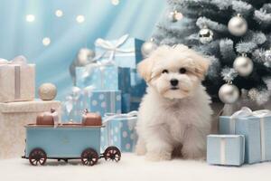 Blue and light pink Christmas room decor with dog lying on floor. Christmas tree with presents and train. AI generated photo