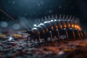 A macro shot of a centipede. A caterpillar crawling on the ground in the forest. Generative AI photo