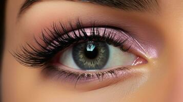 Close up of a womans eye with dramatic false lashes, black eyeliner and eyeshadow. AI generated photo