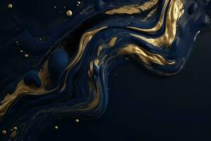 Liquid swirls in navy blue colors with gold powder. Luxurious design Wallpaper. Generative AI photo