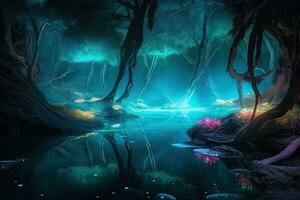 Magical forest at night. Bioluminescent fungi and glowing flowers. Generative AI photo