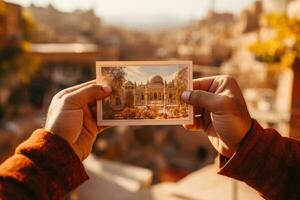 Unrecognizable tourist holds postcard in front of natural landscape. AI generated photo