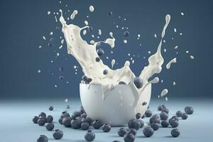 Splash of tasty yogurt and fresh blueberries on violet background. Generative AI photo