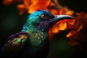 Colored tropical bird and beautiful surreal flowers. Generative AI photo