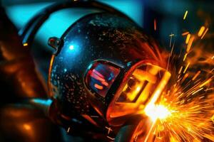 A macro close up of a gas arc welder with sparks of light flying in the air. Generative AI photo