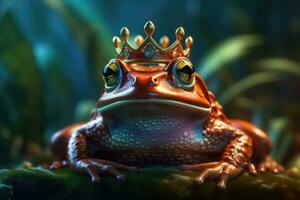 Frog with gold crown. The fairy tale concept of change and transformation. Generative AI photo