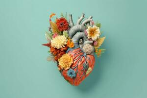 Human heart made of colorful wild flowers on pastel color background. Generative AI photo