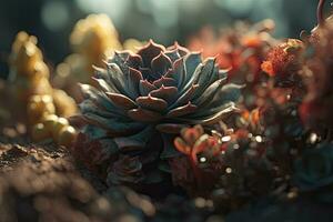 Green succulent plant with water drops. A striking macro shot. Generative AI photo