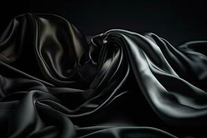Abstract black smooth silk background. Satin elegant luxury fabric. Beautiful soft folds on the surface of the fabric. Generative AI photo