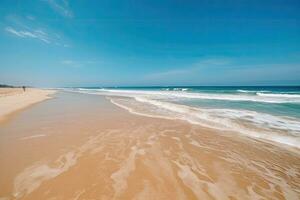 Tropical summer beach with golden sand, turquoise ocean and blue sky. Generative AI photo