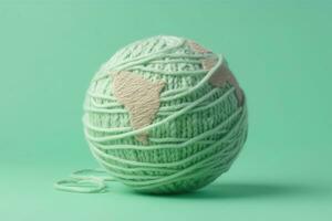 Soft Earth globe made of ball of yarn on pastel green background. Generative AI photo