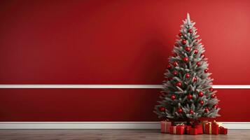 Empty solid colored wall in a christmas decorated living room. Christmas tree and gifts boxes. AI generated photo