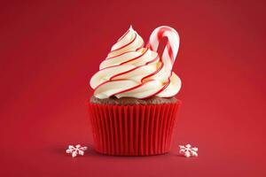 Red christmas cupcake, candy cane and christmas decoration. AI generated photo