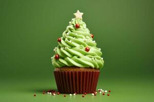 Green christmas tree shaped cupcake and christmas decoration. AI generated photo