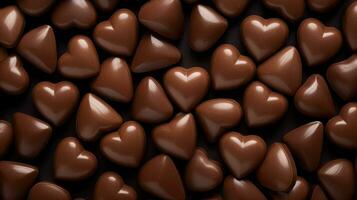 Heart shaped chocolate candies background. Sweets background. Top view. AI generated photo