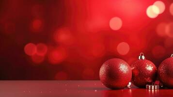 Red Christmas baubles decoration on red blurred background with lights. New Year greeting card. Minimal style. AI generated photo