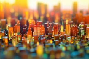 Tilt shift blur effect. Abstract futuristic cityscape with modern skyscrapers. Generative AI photo