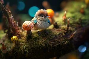 un pequeño linda pájaro en un pájaro nido con vistoso brillante huevos es oculto en un rama. generativo ai foto