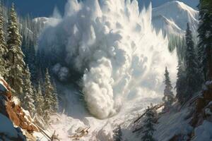 An avalanche is rumbling down a steep mountain slope. Generative AI photo