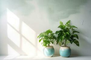 Potted green plants with white wall on the background. Sun rays. Houseplants. Generative AI photo