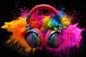 Headphone and vivid color powder on black background. Generative AI photo