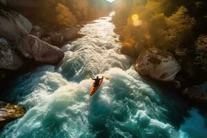 Aerial top view of extreme sport. Kayak sails mountain river. Rafting, kayaking. Generative AI photo