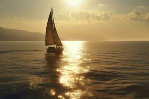 Sailboat in the sea in the evening sunlight over beautiful background. Generative AI photo