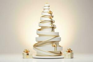 Christmas tower decoration with christmas presents. White minimal Christmas creative concept. AI generated photo