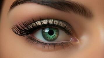 Close up of a womans eye with dramatic false lashes, black eyeliner and eyeshadow. AI generated photo