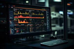 Data science. Scientist computing, analysing and visualizing complex data set on computer. AI generated photo