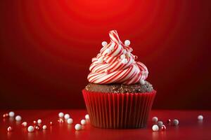 Red christmas cupcake, candy cane and christmas decoration. AI generated photo