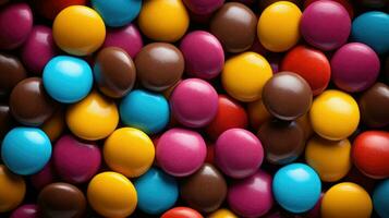 Pile of colorful chocolate coated candies. AI generated photo