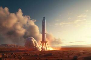 Spacecraft takes off into space from mars. Concept space travel to mars. Generative AI photo