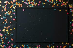 Black board, decorations and confetti on black background. AI generated photo