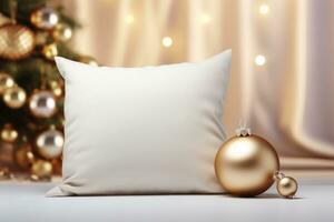 Pillow and christmas balls with glowing christmas tree on the background. Generative AI photo