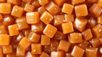 Heap of caramel candies. Caramel candies pattern. AI generated photo