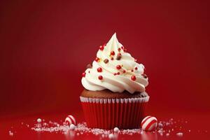 Red christmas cupcake, candy cane and christmas decoration. AI generated photo
