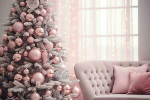 Pink christmas tree and decorations. Christmas background. AI generated photo