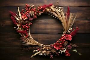 Christmas decorative wreath made of natural eco materials on wooden background. AI generated photo