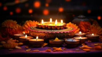vistoso tradicional petróleo lamparas diya iluminado durante diwali celebracion. hindú festival de luces celebracion. ai generado foto