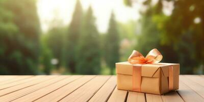 Gift box on wooden table as natural background with copyspace. AI generated photo