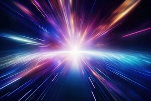 Creative cosmic hyper jump into another galaxy. Neon glowing rays in motion. Space travel concept. Generative AI photo