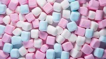 Fluffy marshmallows as a background. Sweet food candies. Generative AI photo