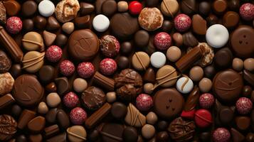 Mix of chocolate candies. Assorted sweets. Chocolate truffle and candies background. Generative AI photo