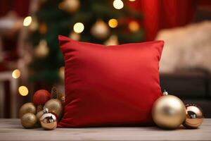 Pillow and christmas balls with glowing christmas tree on the background. Generative AI photo