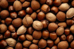 Natural background made from different kinds of nuts, top view. Generative AI photo