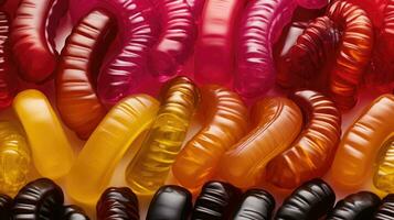 Colorful jelly worms close up background. AI generated photo