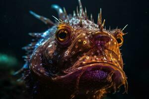 Deep-water fish at the bottom of the ocean. A scary fish with big teeth. Underwater world. Generative AI photo