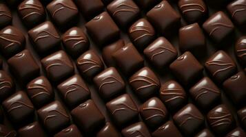 Chocolate candies background. Sweets background. Top view. AI generated photo