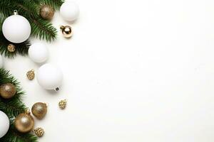Christmas decoration with fir branches and baubles on a white background with copy space. AI generated photo